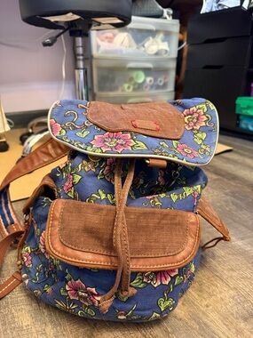 Sakroots Blue Floral Canvas Mini Backpack with Brown Trim